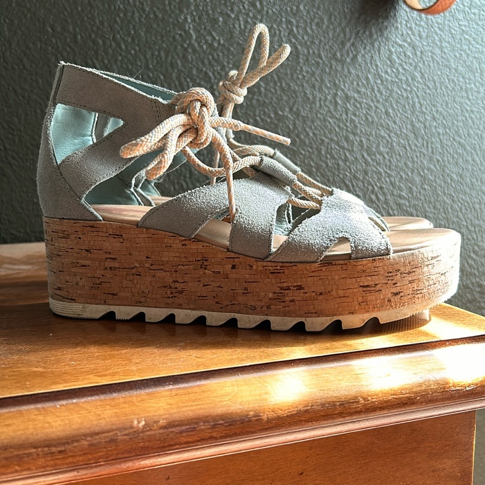Sorel Cameron Platform Lace Up Blue Wedge Sandals Size 7
